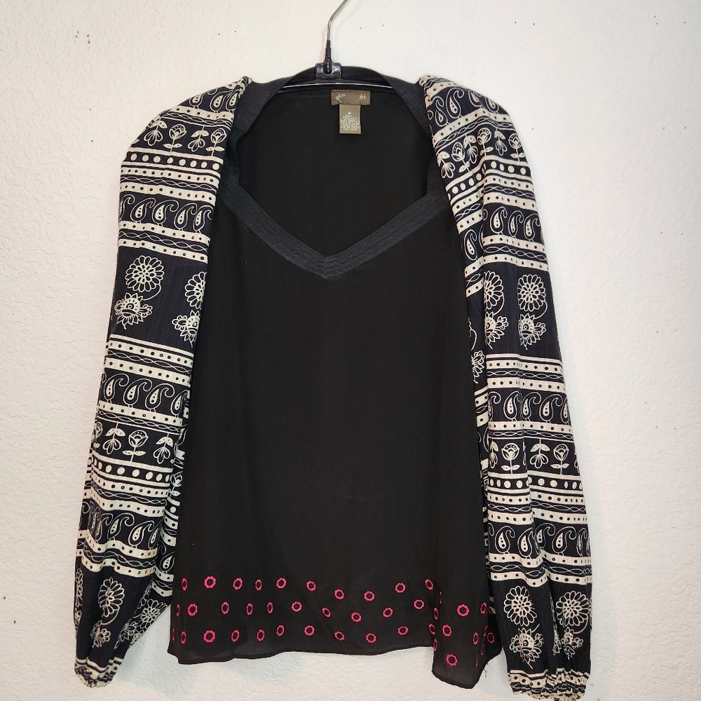 Anthropologie Fei Black and White Patterned Women's Silk & Cotton Blouse, Size 6
